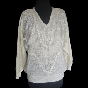 Vintage Y2K Holiday V-Neck Sweater By Aldolfo Cream Size L